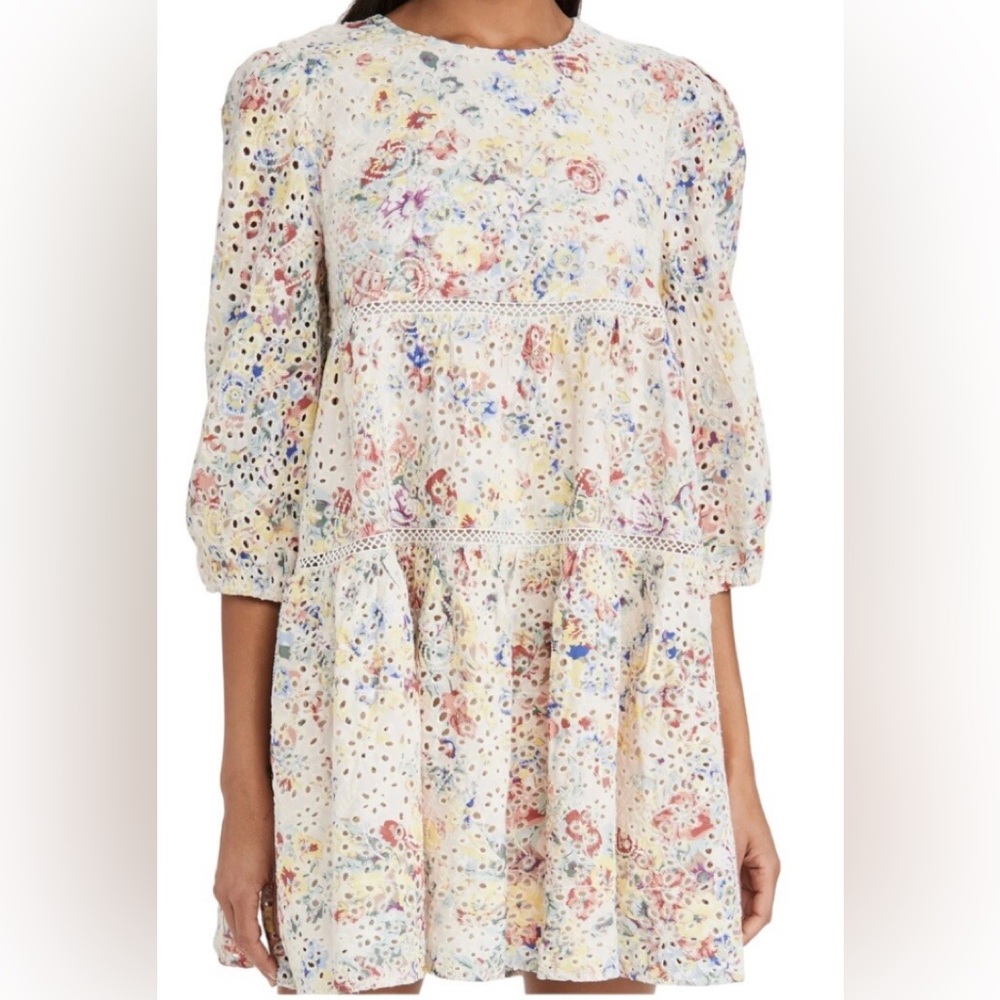 En Saison Cream & Multicolor Floral Eyelet Babydoll Layered Mini Dress Sz M